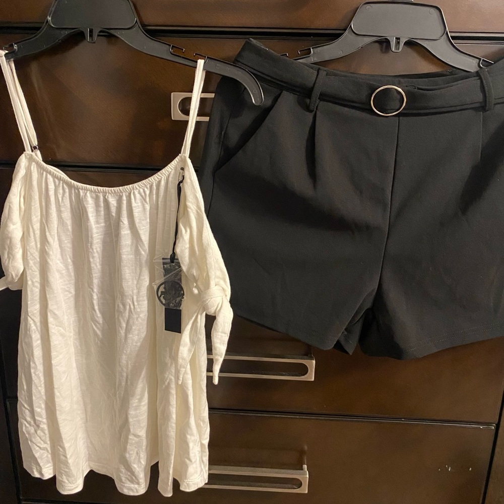 White Off-Shoulder Top and Black Shorts Set